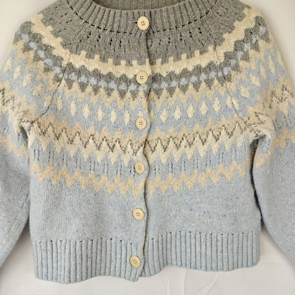La Vie Rebecca Taylor Fairisle Button Up Cartigan Blue Sweater Wool Blend M - Picture 10 of 15